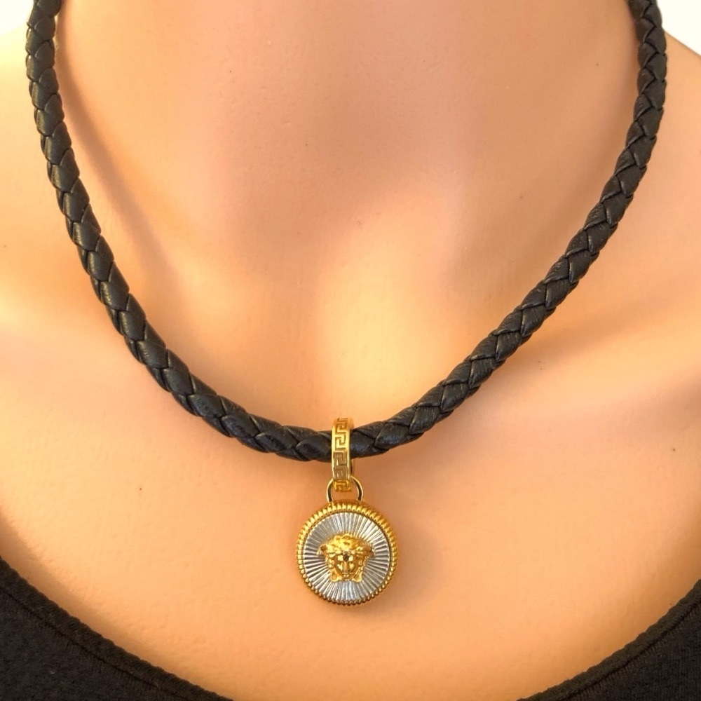 Versace Medusa Logo Goldtone Nickel Free Braided Leather Necklace Unisex